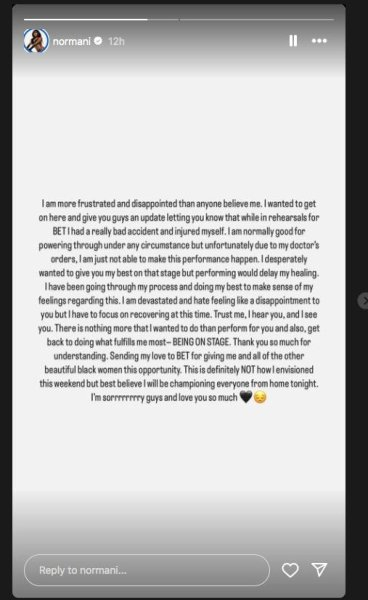 Normani cancels BET Awards performance because of rehearsal injury